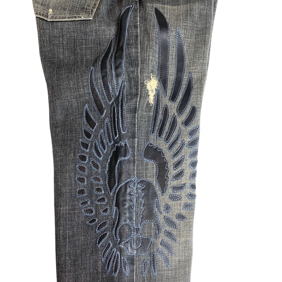 HTF: 7 For All Mankind® x Great China Wall ☻︎ Leather Skull Patch Standard Jeans - Picture 3 of 16